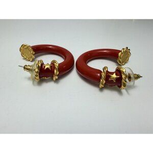 Vintage Red Resin Hoop Earrings Gold Tone Star Statement